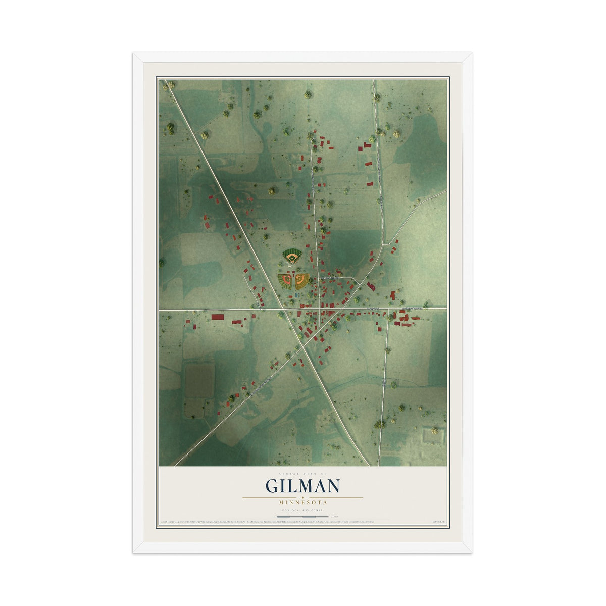 Map of Gilman, Minnesota, 12 x 18 inch print in a white wood frame