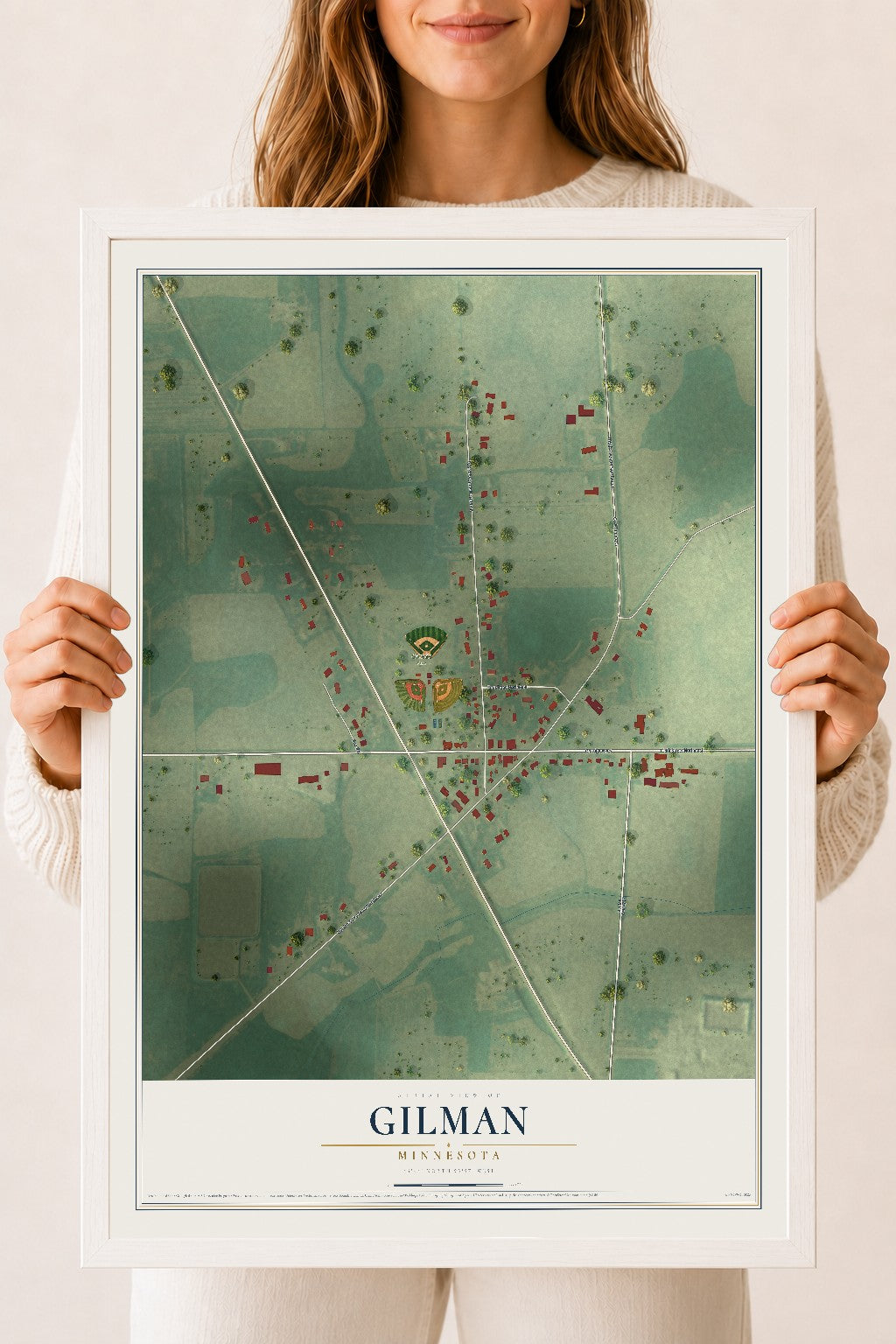Map of Gilman, Minnesota, 18 x 24 inch print in a white wood frame