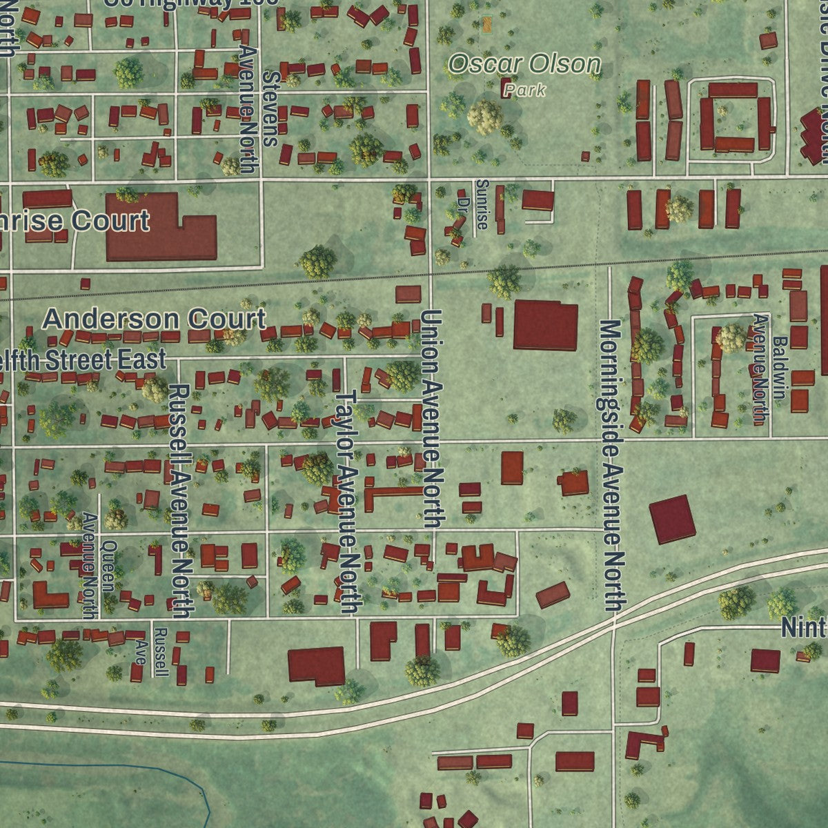 Second close-up of the map of Glencoe, Minnesota print showing more streets and buildings