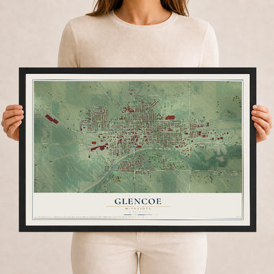 Map of Glencoe, Minnesota, 12 x 18 inch print in a black wood frame