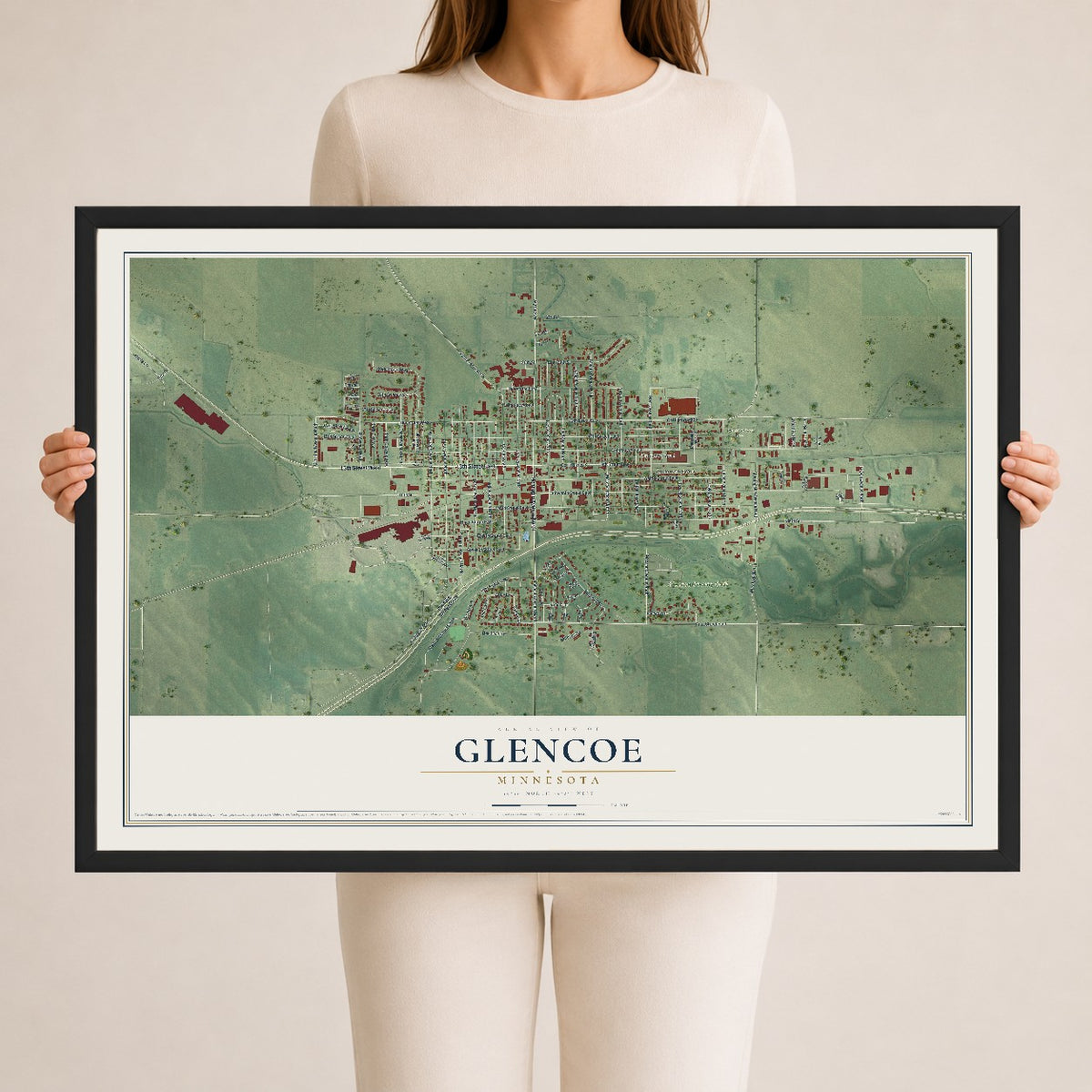Map of Glencoe, Minnesota, 24 x 36 inch print in a black wood frame
