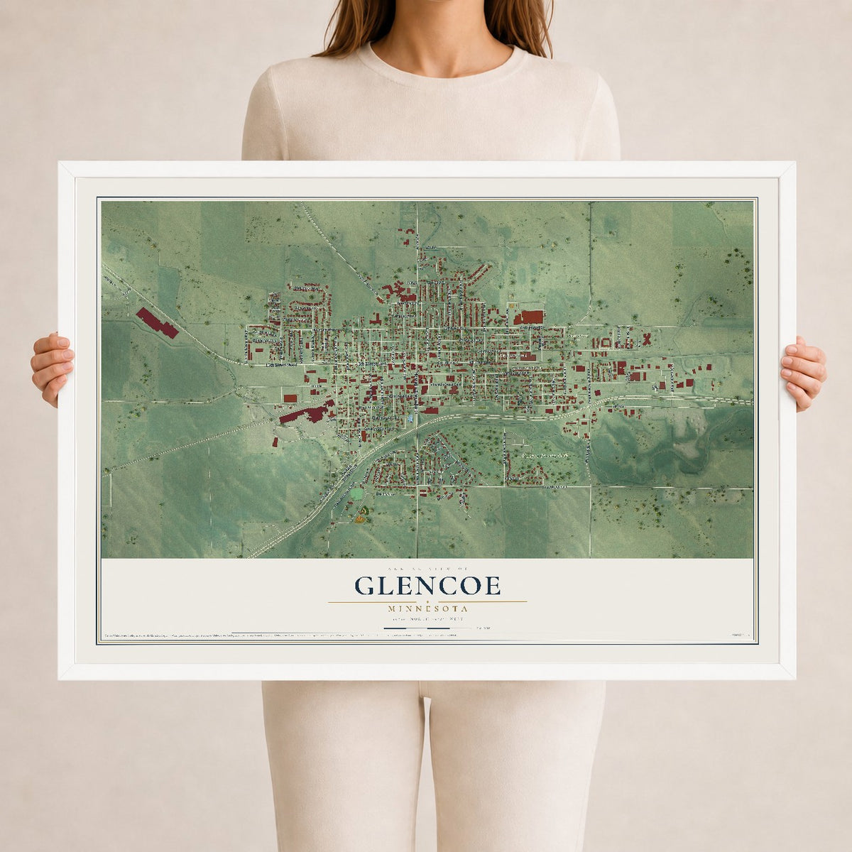 Map of Glencoe, Minnesota, 24 x 36 inch print in a white wood frame