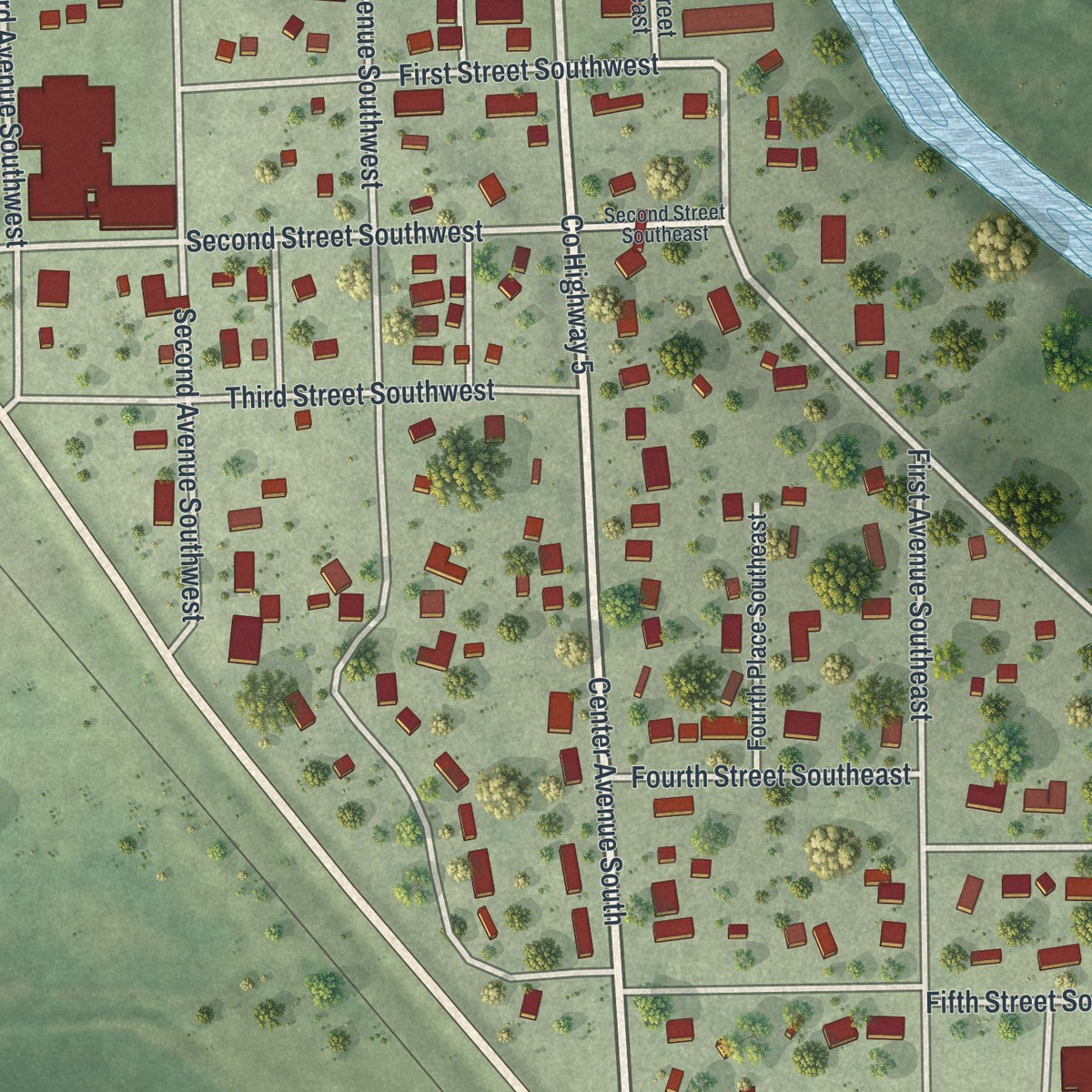 Close-up of the map of Glenville, Minnesota print showing street and building detail