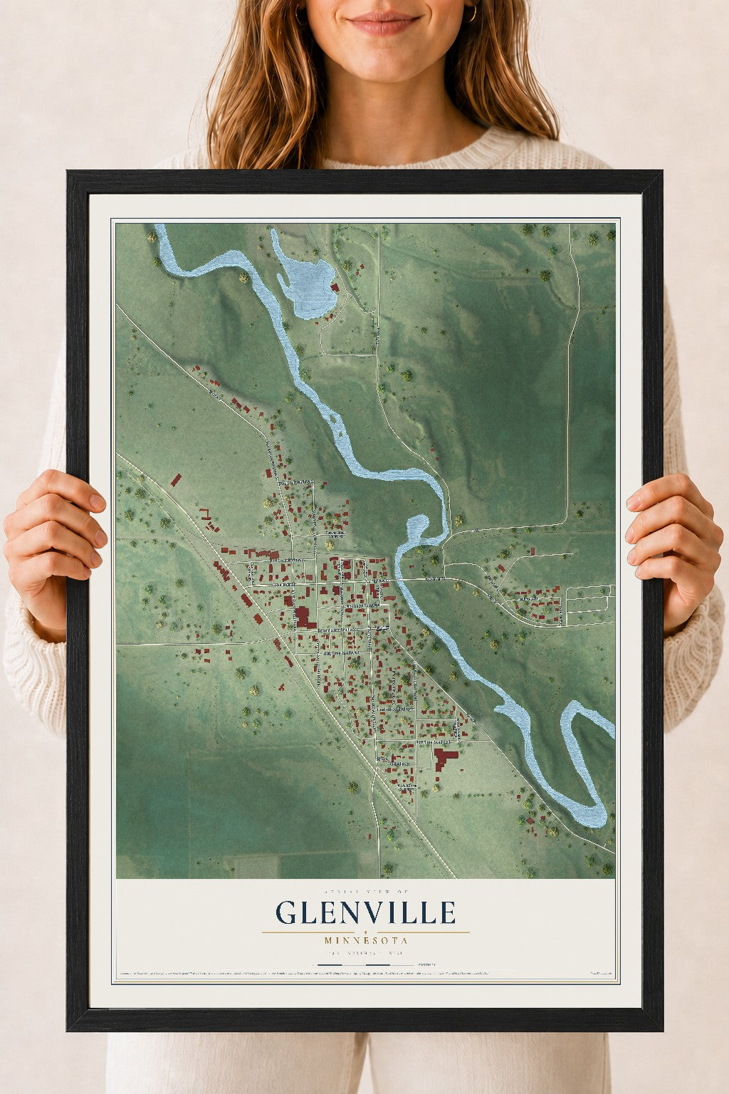 Map of Glenville, Minnesota, 18 x 24 inch print in a black wood frame