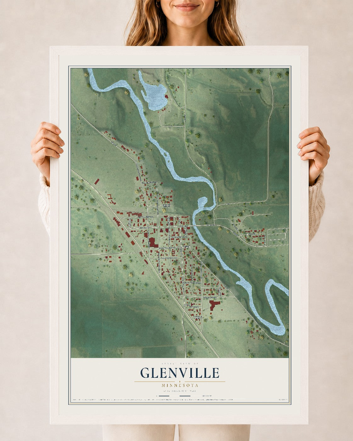 Map of Glenville, Minnesota, 24 x 36 inch print in a white wood frame