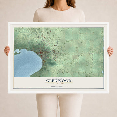 Map of Glenwood, Minnesota, 24 x 36 inch print in a white wood frame