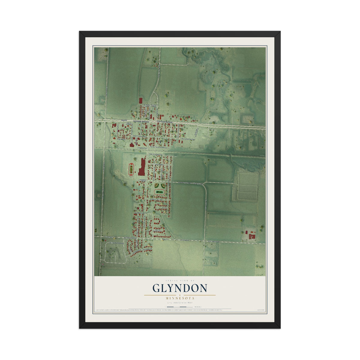Map of Glyndon, Minnesota, 12 x 18 inch print in a black wood frame