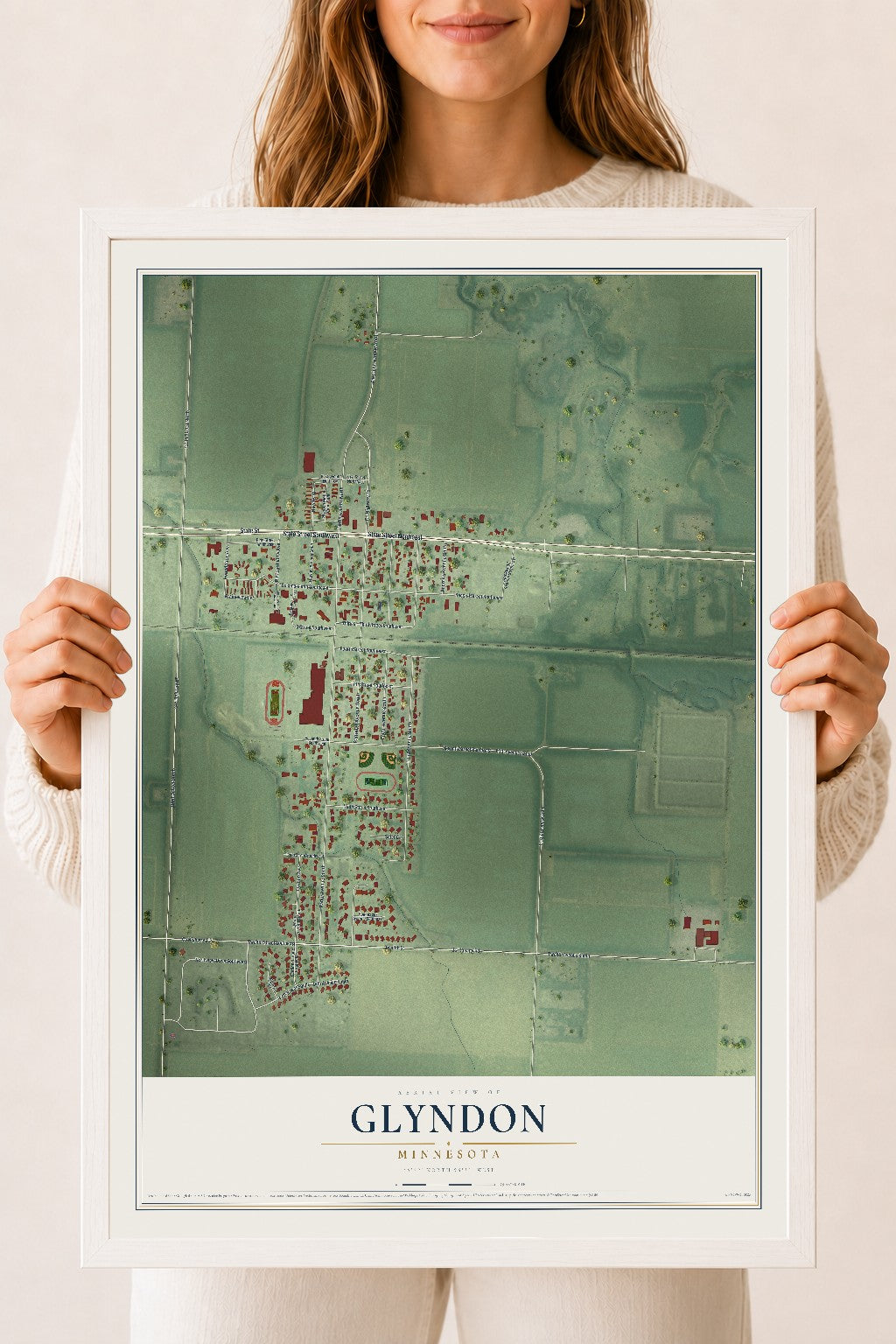 Map of Glyndon, Minnesota, 18 x 24 inch print in a white wood frame
