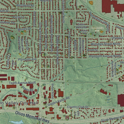 Close-up of the map of Golden Valley, Minnesota print showing street and building detail