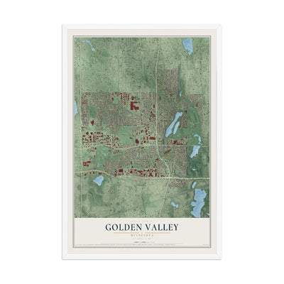 Map of Golden Valley, Minnesota, 12 x 18 inch print in a white wood frame