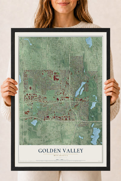 Map of Golden Valley, Minnesota, 18 x 24 inch print in a black wood frame