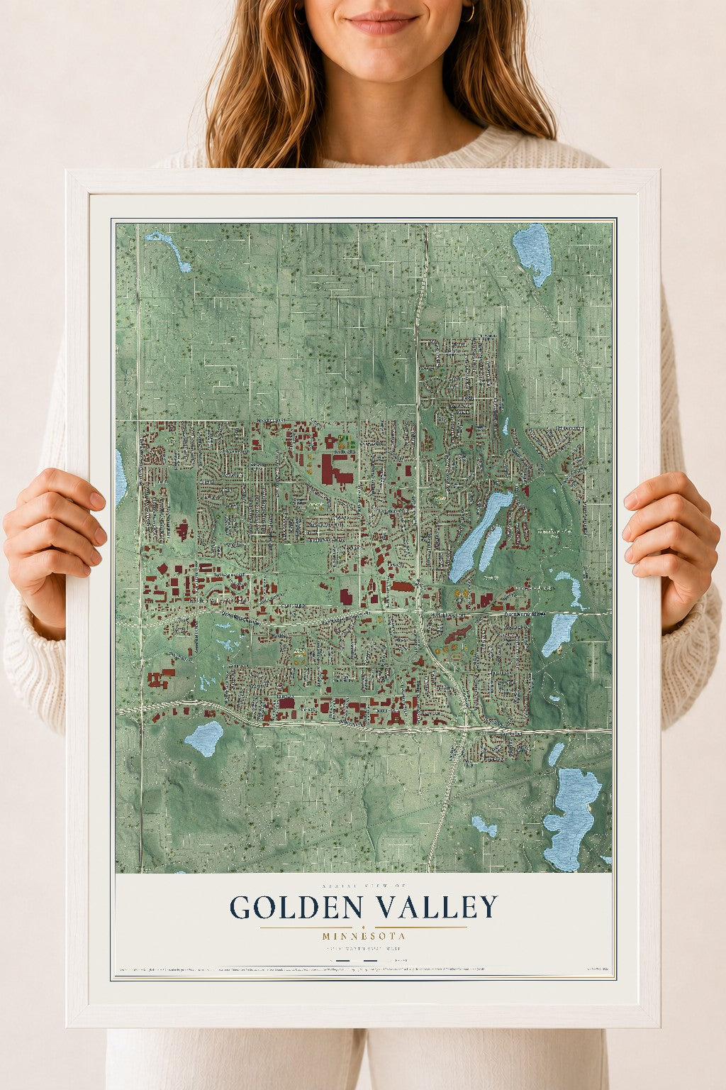 Map of Golden Valley, Minnesota, 18 x 24 inch print in a white wood frame
