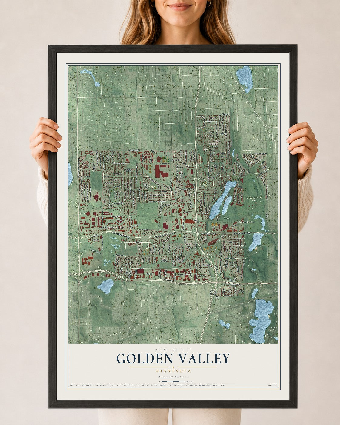 Map of Golden Valley, Minnesota, 24 x 36 inch print in a black wood frame