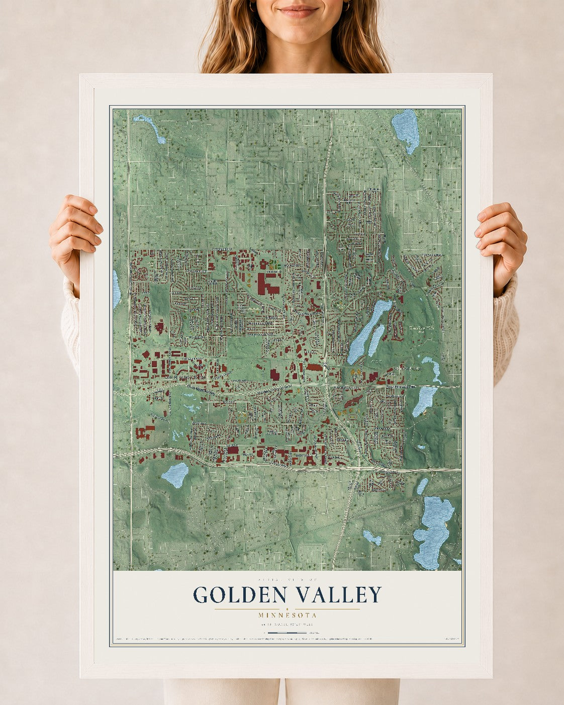 Map of Golden Valley, Minnesota, 24 x 36 inch print in a white wood frame