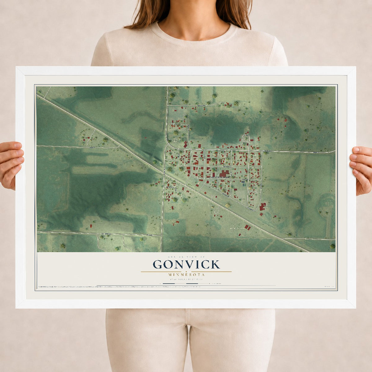 Map of Gonvick, Minnesota, 18 x 24 inch print in a white wood frame