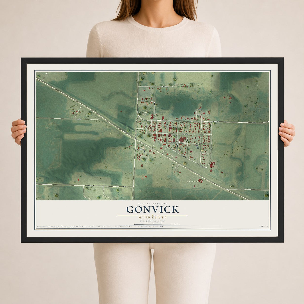 Map of Gonvick, Minnesota, 24 x 36 inch print in a black wood frame