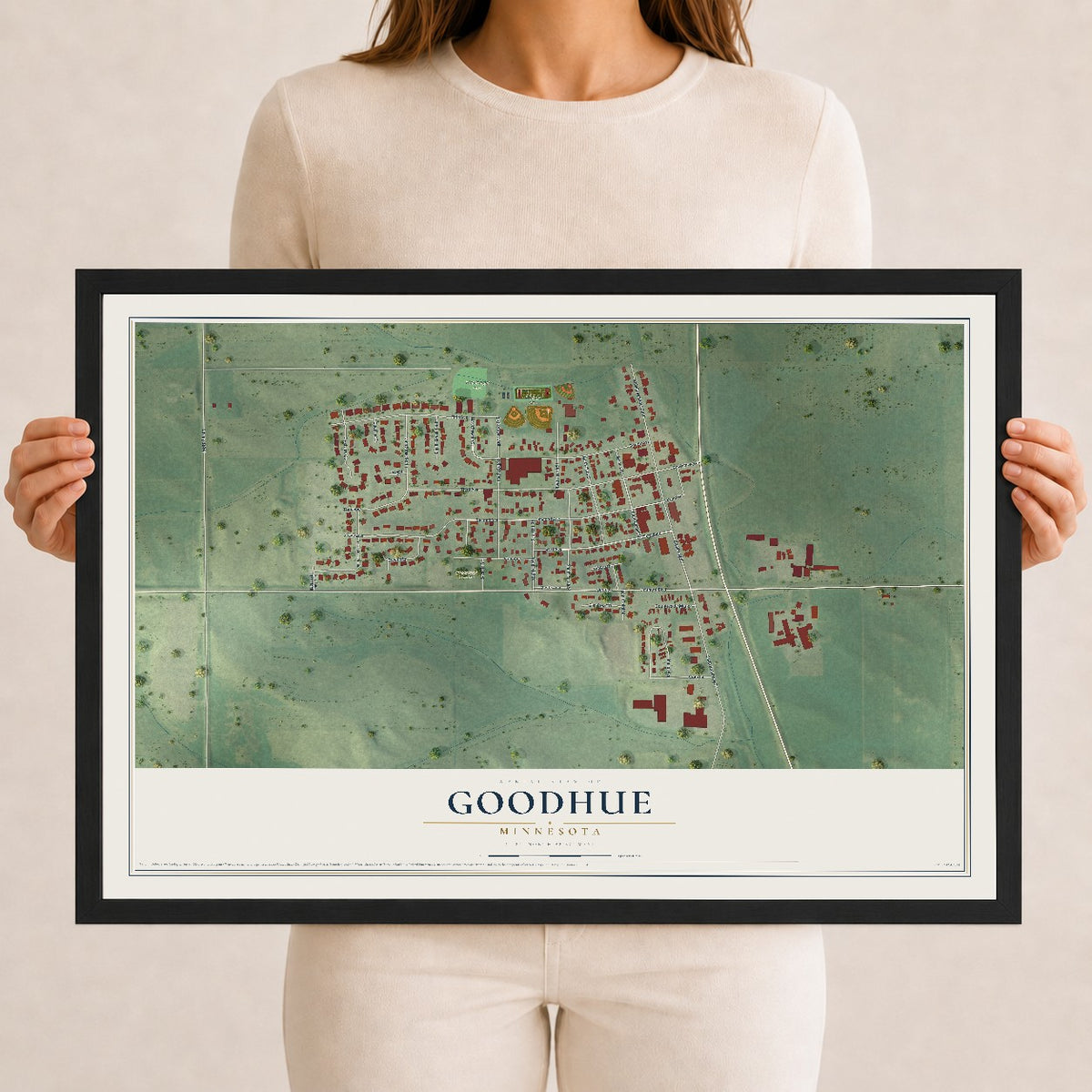 Map of Goodhue, Minnesota, 12 x 18 inch print in a black wood frame
