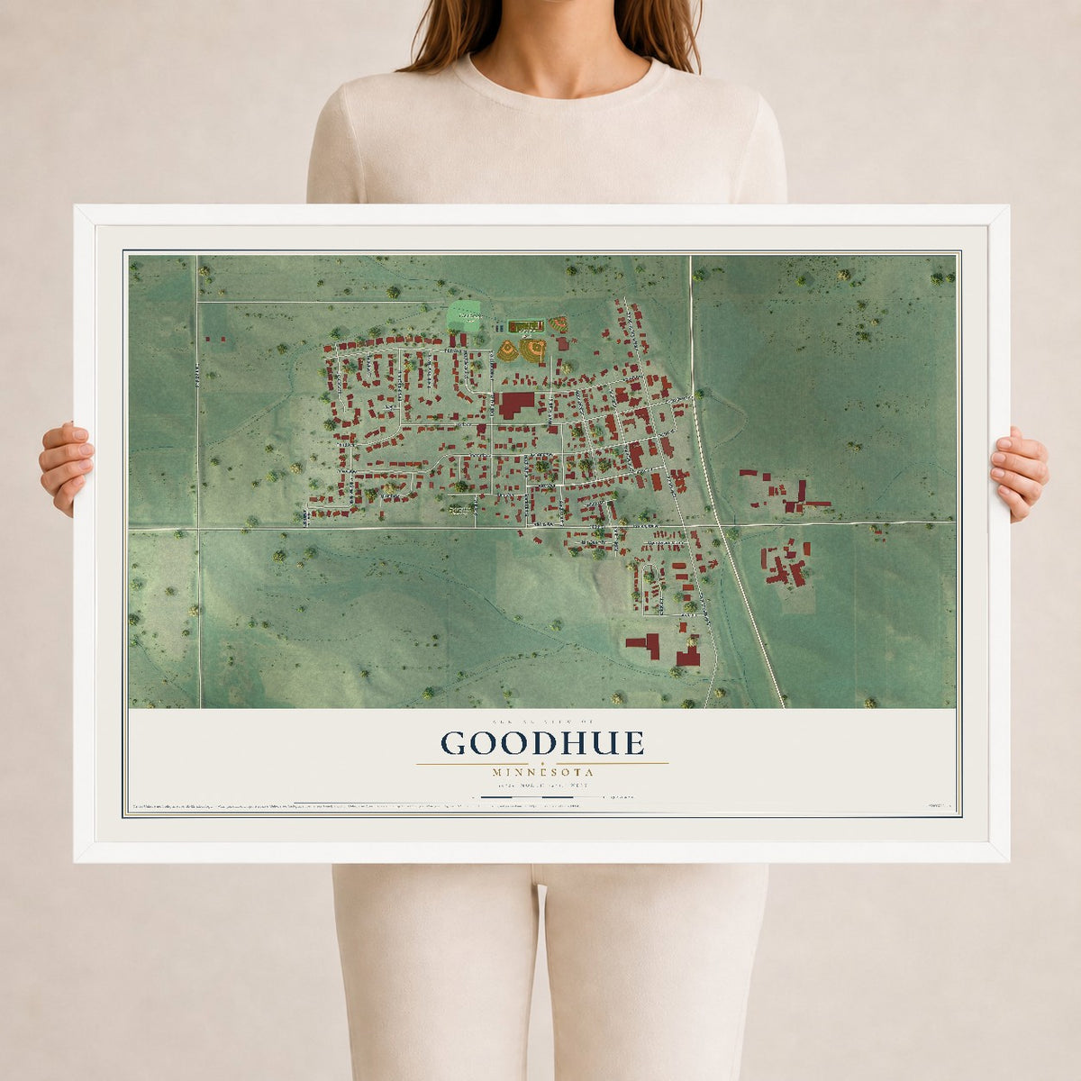 Map of Goodhue, Minnesota, 24 x 36 inch print in a white wood frame