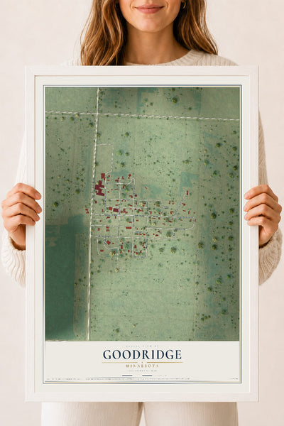 Map of Goodridge, Minnesota, 18 x 24 inch print in a white wood frame