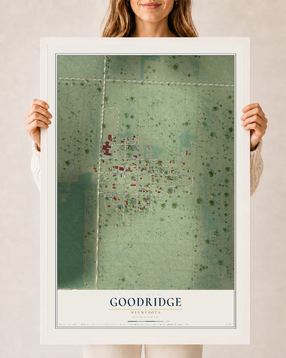 Map of Goodridge, Minnesota, 24 x 36 inch print in a white wood frame
