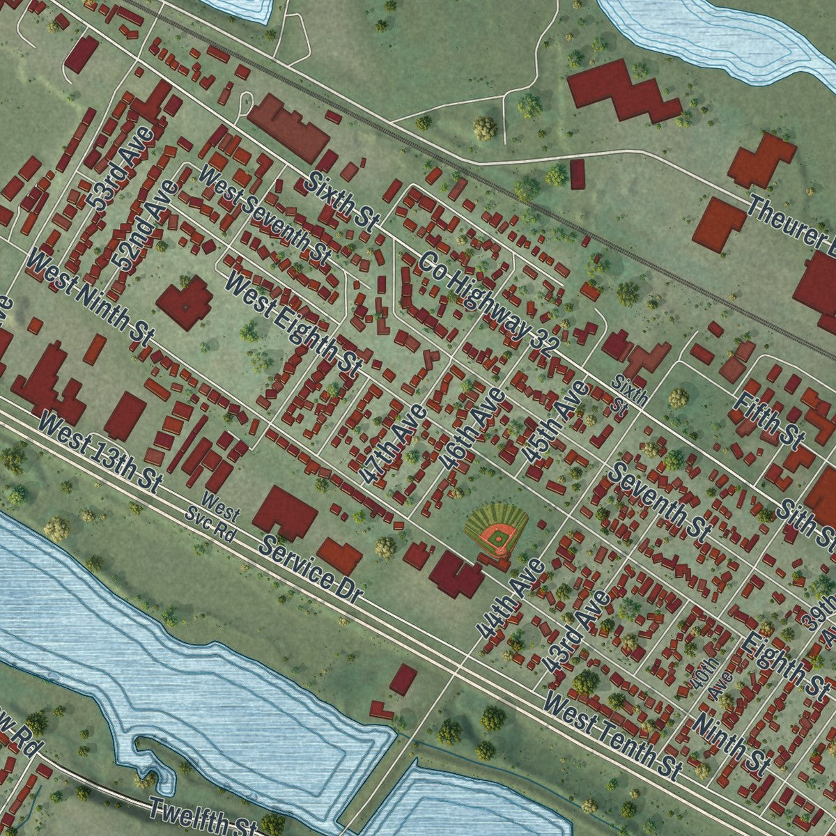 Close-up of the map of Goodview, Minnesota print showing street and building detail