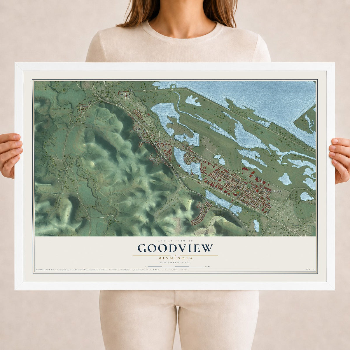 Map of Goodview, Minnesota, 18 x 24 inch print in a white wood frame