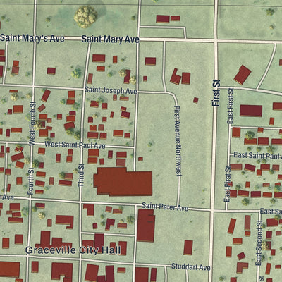Close-up of the map of Graceville, Minnesota print showing street and building detail