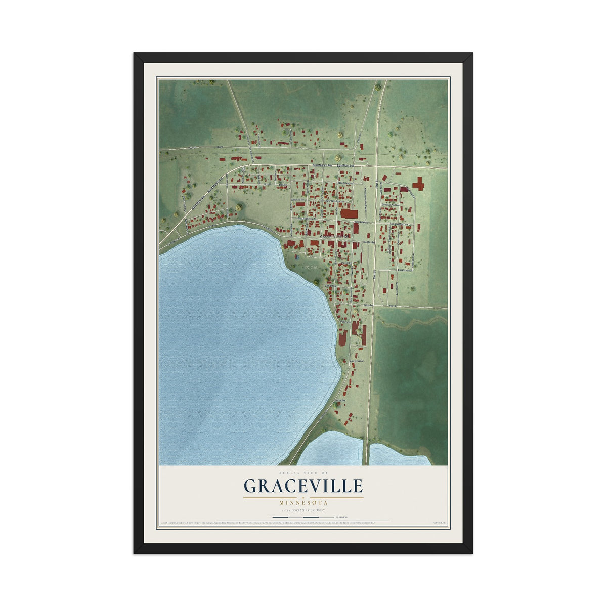 Map of Graceville, Minnesota, 12 x 18 inch print in a black wood frame
