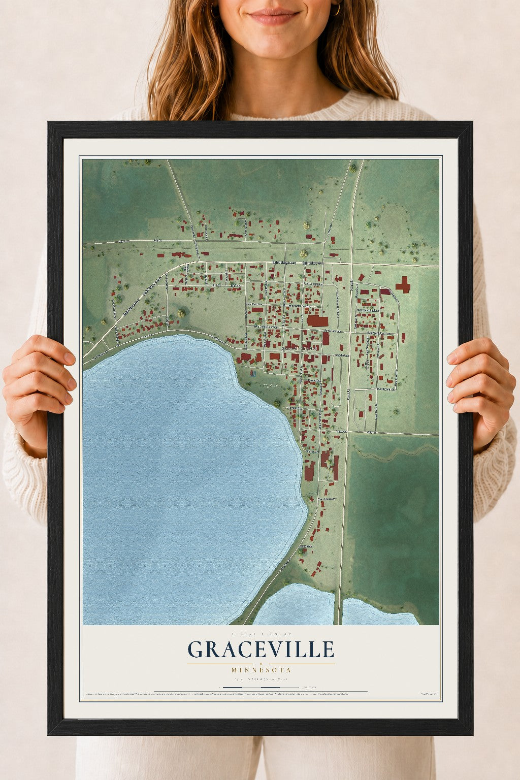 Map of Graceville, Minnesota, 18 x 24 inch print in a black wood frame