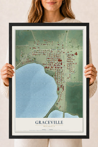 Map of Graceville, Minnesota, 18 x 24 inch print in a black wood frame