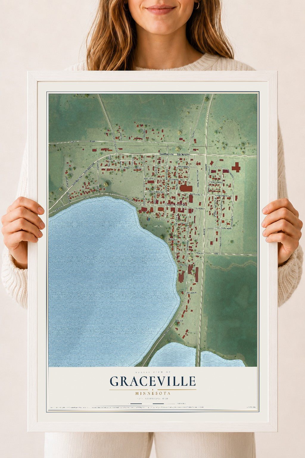 Map of Graceville, Minnesota, 18 x 24 inch print in a white wood frame