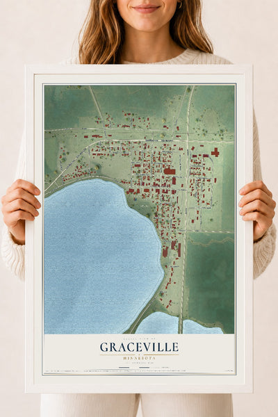 Map of Graceville, Minnesota, 18 x 24 inch print in a white wood frame