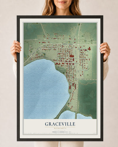 Map of Graceville, Minnesota, 24 x 36 inch print in a black wood frame