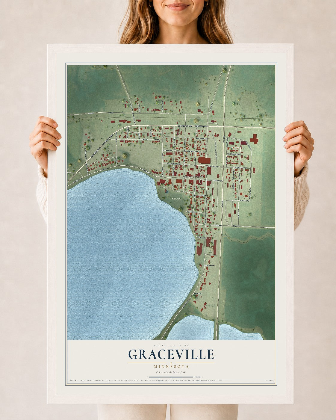 Map of Graceville, Minnesota, 24 x 36 inch print in a white wood frame