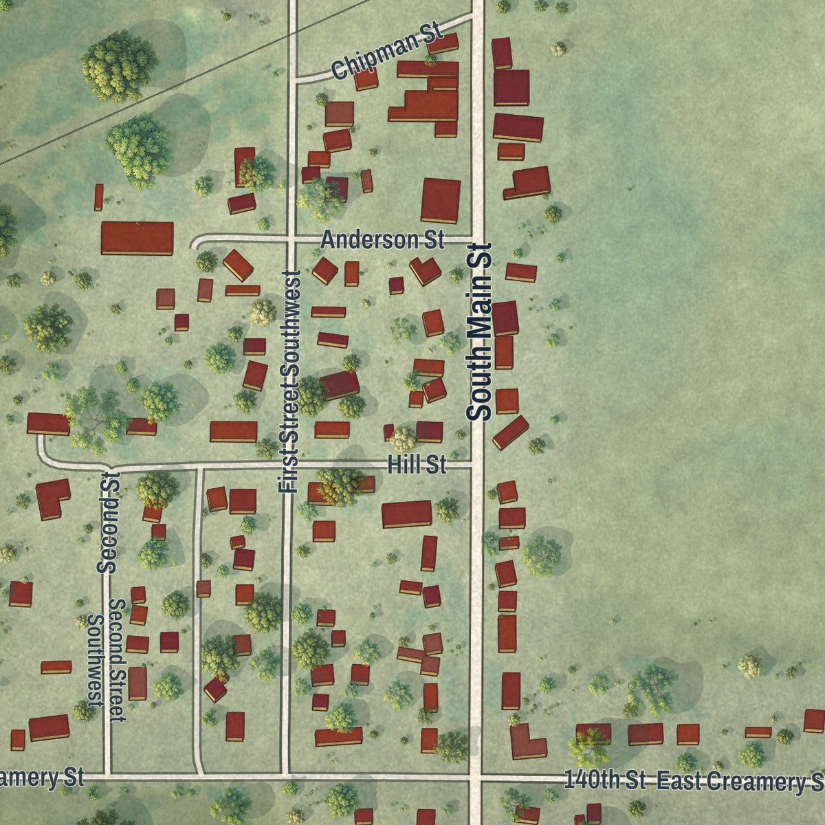 Close-up of the map of Granada, Minnesota print showing street and building detail