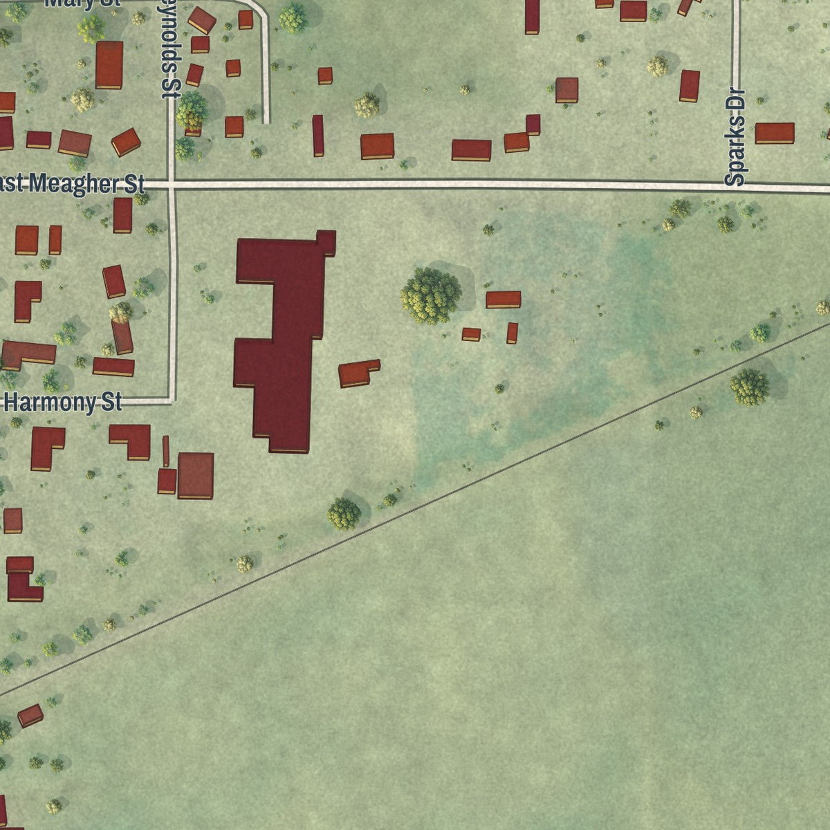 Second close-up of the map of Granada, Minnesota print showing more streets and buildings