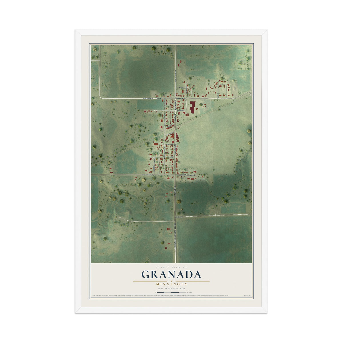Map of Granada, Minnesota, 12 x 18 inch print in a white wood frame