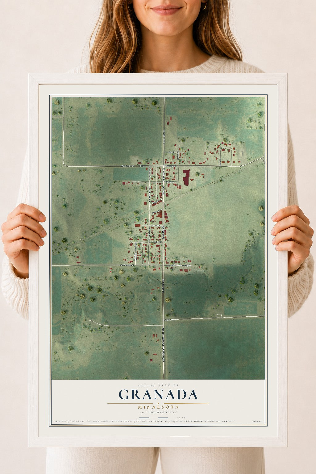Map of Granada, Minnesota, 18 x 24 inch print in a white wood frame