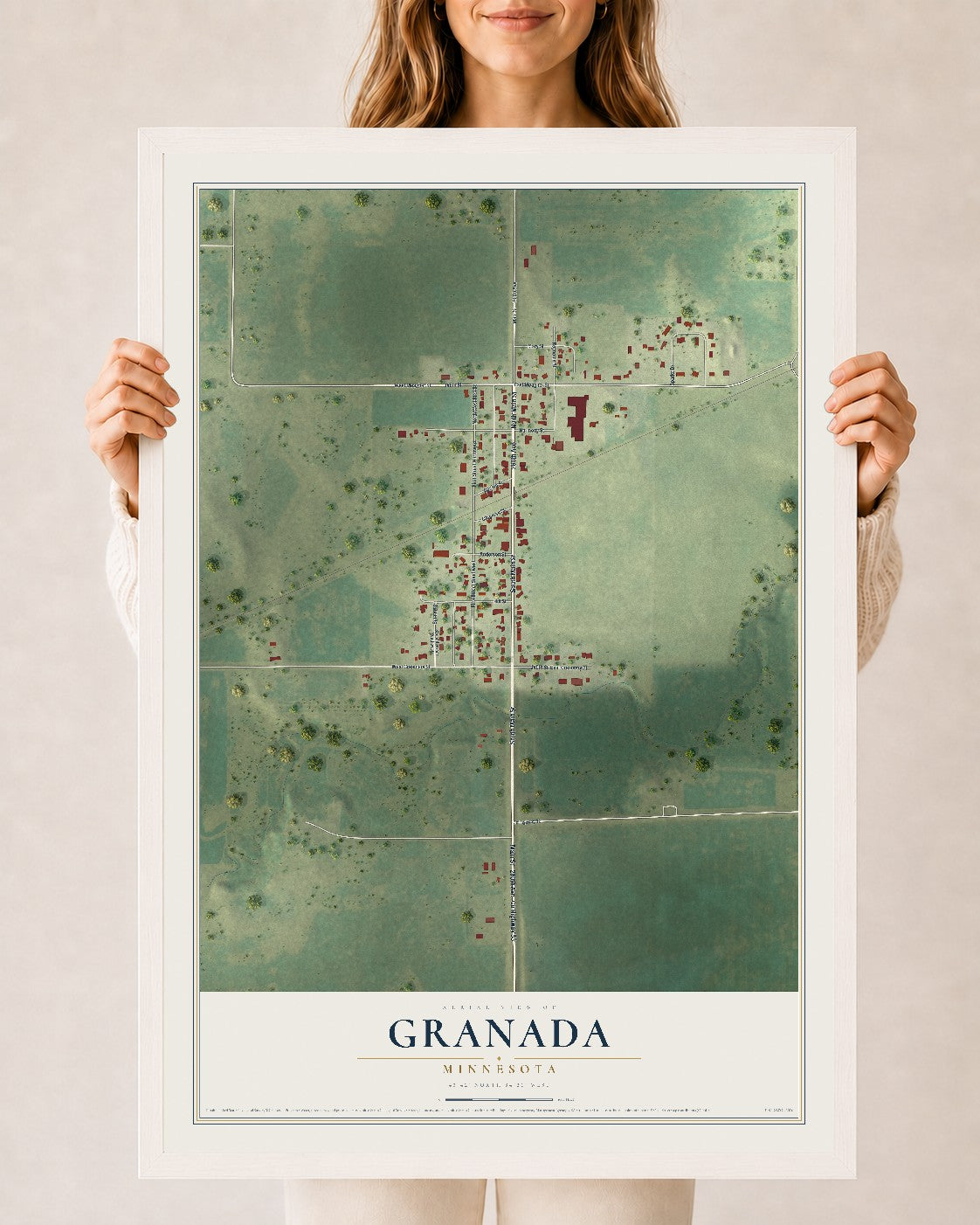 Map of Granada, Minnesota, 24 x 36 inch print in a white wood frame