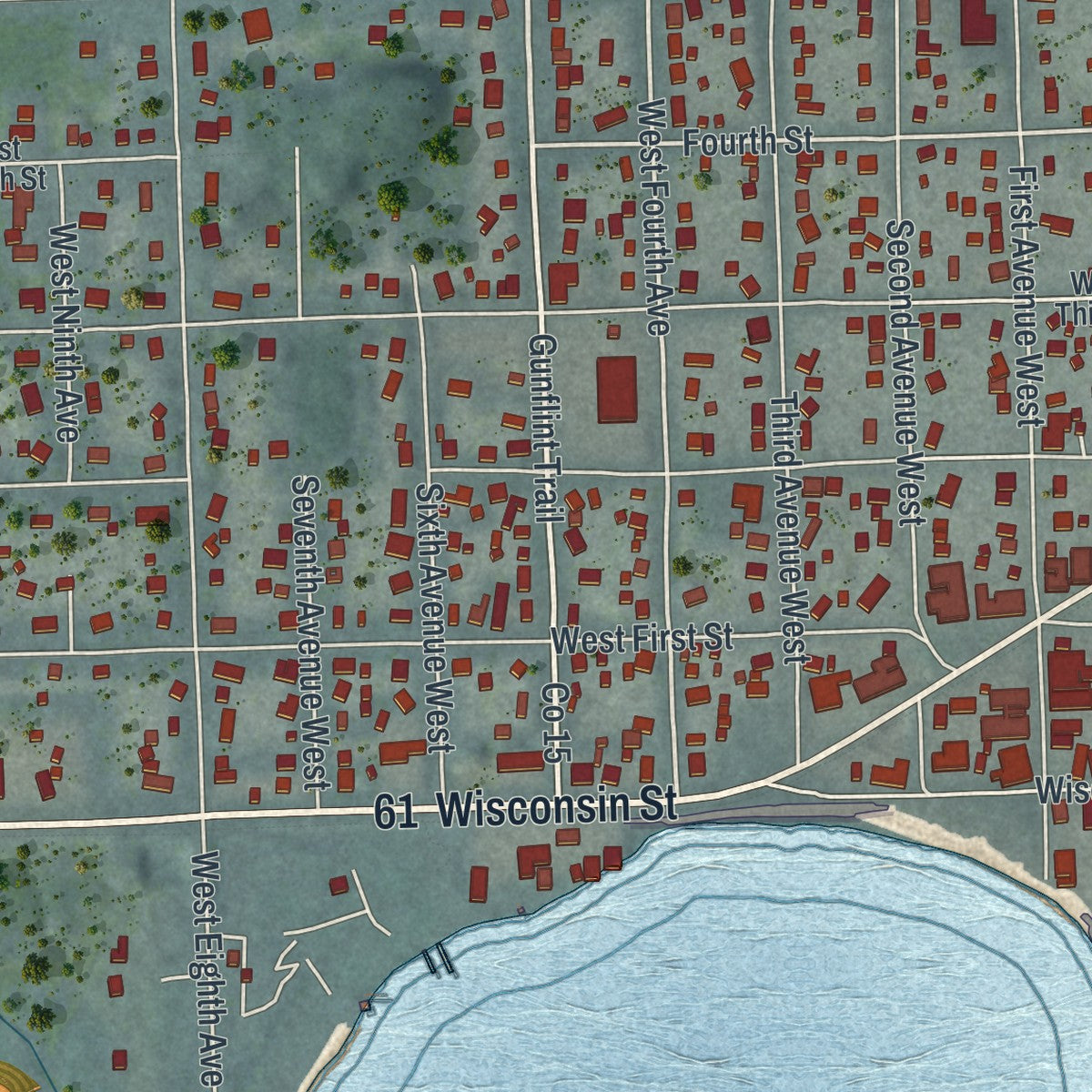 Close-up of the map of Grand Marais, Minnesota print showing street and building detail