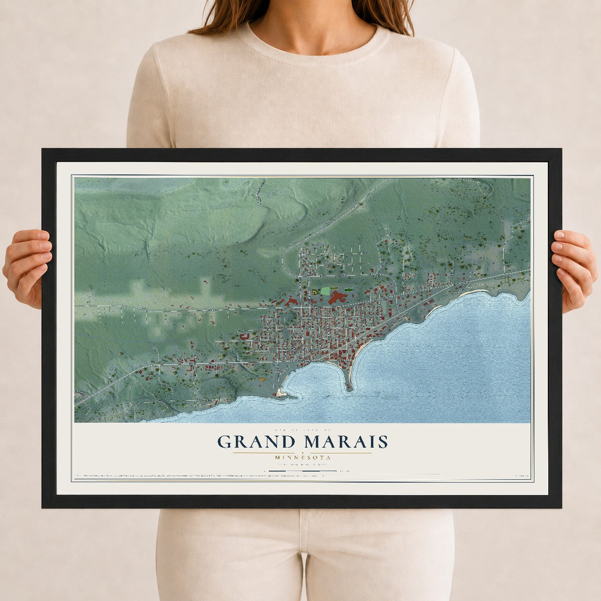 Map of Grand Marais, Minnesota, 12 x 18 inch print in a black wood frame