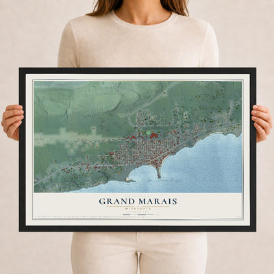 Map of Grand Marais, Minnesota, 12 x 18 inch print in a black wood frame