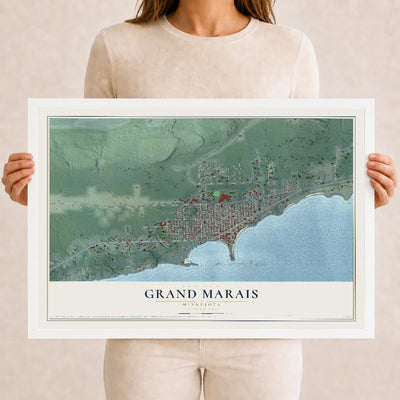 Map of Grand Marais, Minnesota, 12 x 18 inch print in a white wood frame
