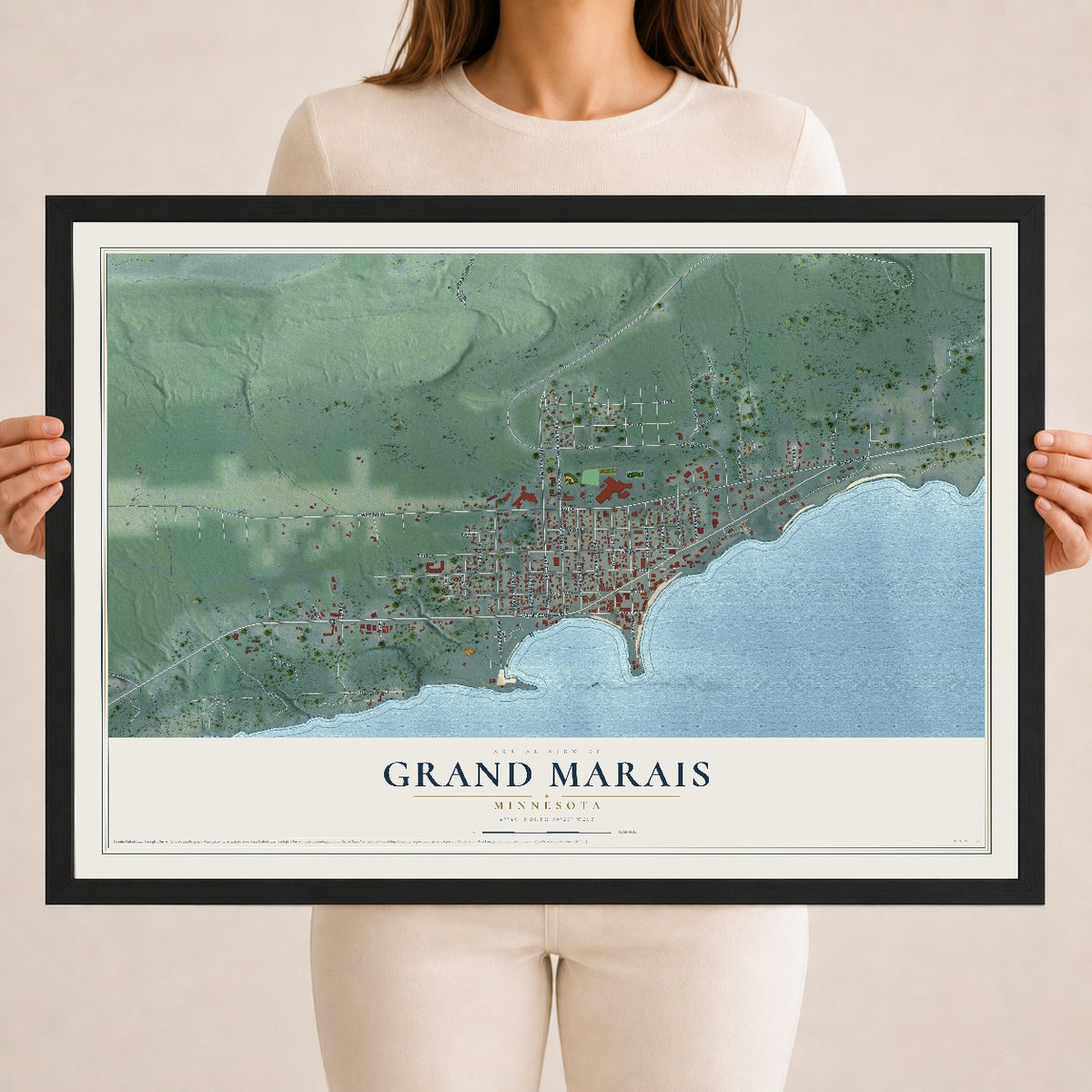 Map of Grand Marais, Minnesota, 18 x 24 inch print in a black wood frame