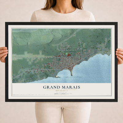Map of Grand Marais, Minnesota, 18 x 24 inch print in a black wood frame
