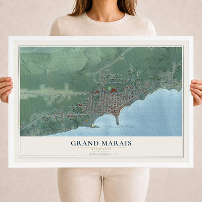 Map of Grand Marais, Minnesota, 18 x 24 inch print in a white wood frame