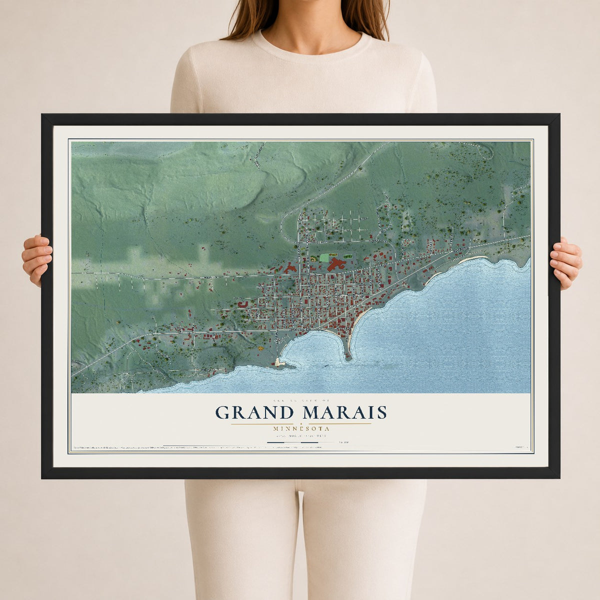 Map of Grand Marais, Minnesota, 24 x 36 inch print in a black wood frame