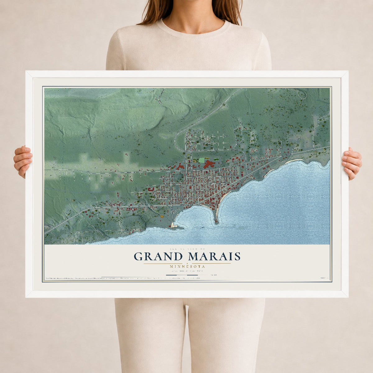 Map of Grand Marais, Minnesota, 24 x 36 inch print in a white wood frame