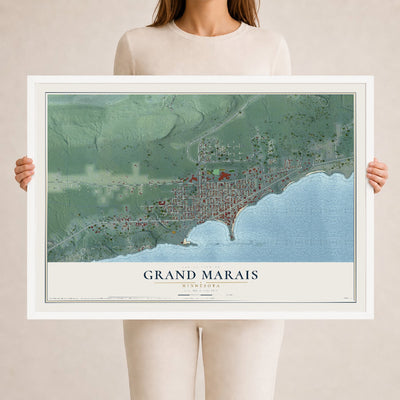 Map of Grand Marais, Minnesota, 24 x 36 inch print in a white wood frame