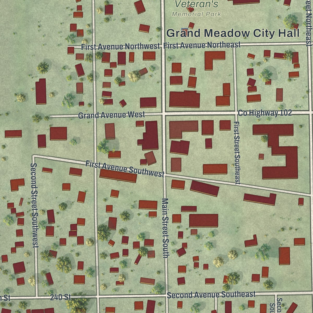 Close-up of the map of Grand Meadow, Minnesota print showing street and building detail